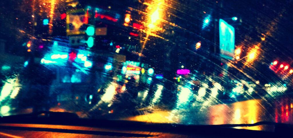Colored headlights on a rainy night in Florida.