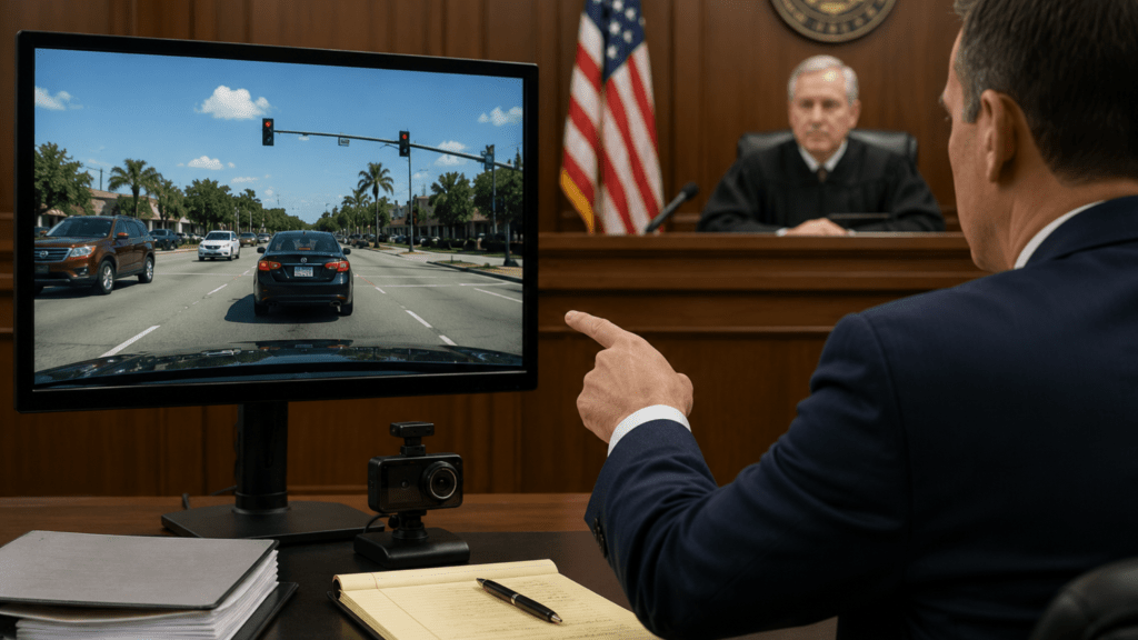 Lawyer reviewing dashcam footage during a court session with judge presiding.