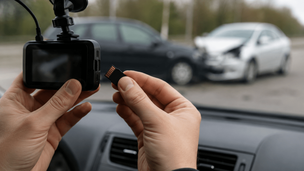 Dashcam capturing a car accident scene for legal evidence and insurance claims.