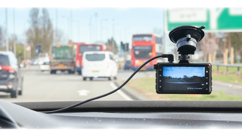 Dashcam mounted on a car windshield recording traffic on a busy road