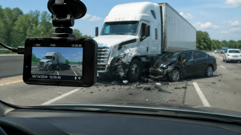 Dash cam mounted on windshield capturing truck accident evidence on the road