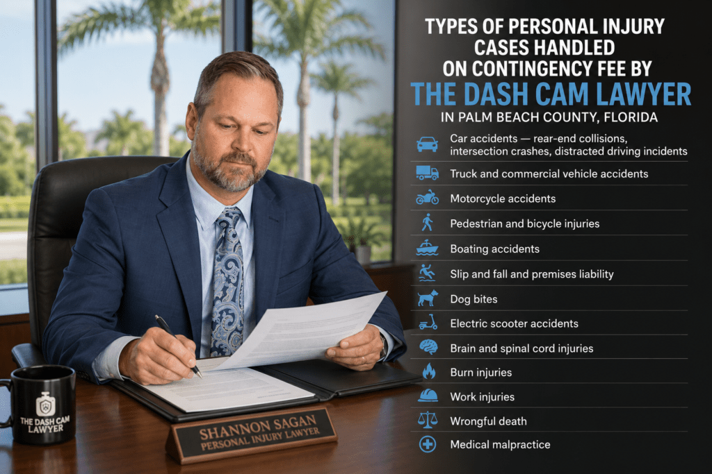 Types of personal injury cases handled on contingency fee by The Dash Cam Lawyer in Palm Beach County Florida including car accidents truck accidents motorcycle accidents slip and fall and wrongful death