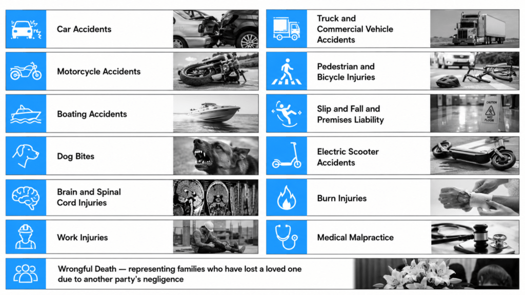 Personal injury practice areas handled by The DashCam Lawyer in Palm Beach County Florida including car accidents truck accidents slip and fall motorcycle accidents and wrongful death