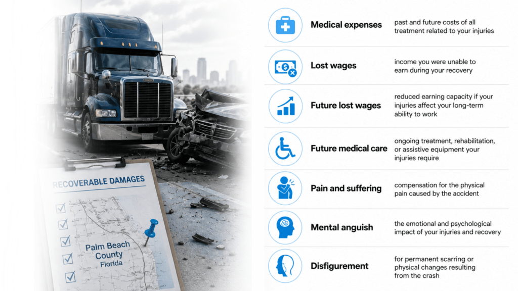 Compensation available after a truck accident in West Palm Beach Florida including medical expenses lost wages pain and suffering and future care pursued by The DashCam Lawyer attorney Shannon Sagan