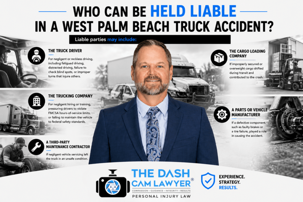 Liable parties in a West Palm Beach truck accident including truck driver trucking company and cargo loaders identified by expert attorney The DashCam Lawyer Shannon Sagan
