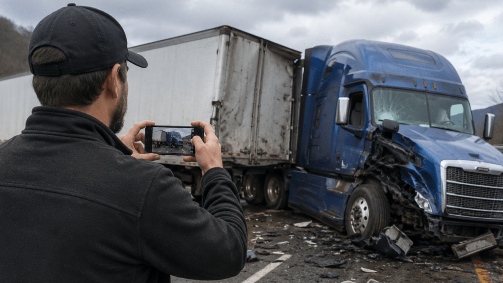 Driver documenting a truck accident scene in West Palm Beach Florida following advice from The Dash Cam Lawyer personal injury attorney