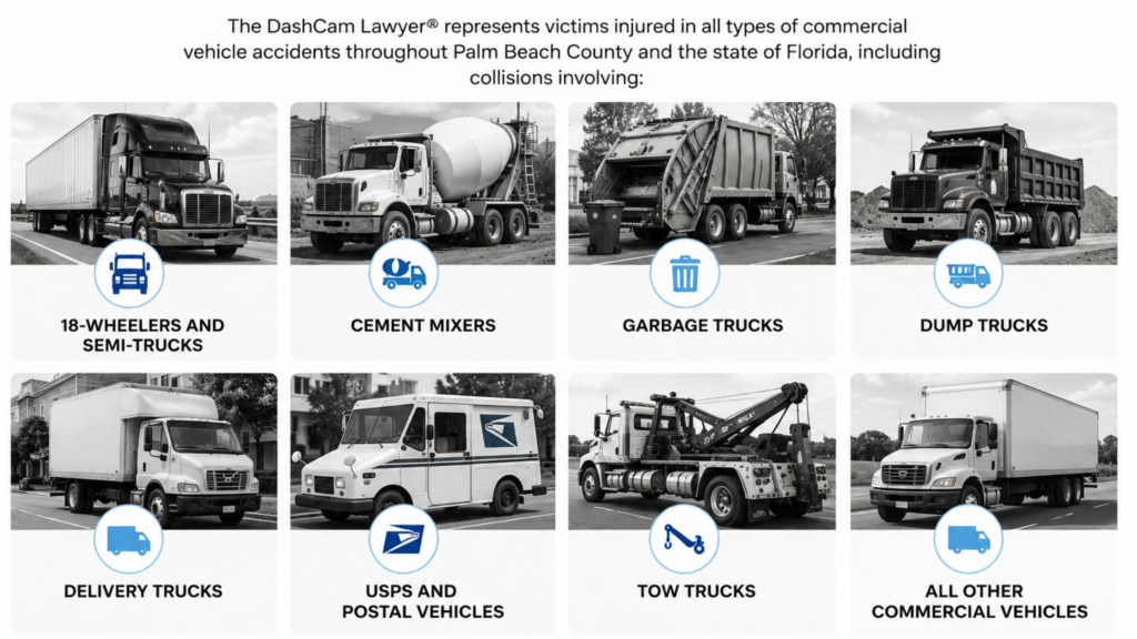 Types of truck accidents handled by The DashCam Lawyer in Palm Beach County Florida including 18-wheelers cement mixers garbage trucks dump trucks delivery trucks and tow trucks