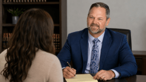 West Palm Beach personal injury lawyer Shannon Sagan, founder of The Dash Cam Lawyer, standing in his Palm Springs Florida law office