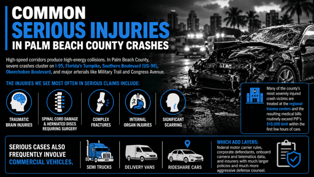 A heavily damaged vehicle after a serious crash in Palm Beach County. The design uses a black, white, and sky-blue color scheme with bold typography and injury-related icons representing traumatic brain injuries, spinal cord damage, complex fractures, internal organ injuries, and significant scarring. Additional graphics highlight the involvement of commercial vehicles such as semi-trucks, delivery vans, and rideshare vehicles in high-severity accident claims