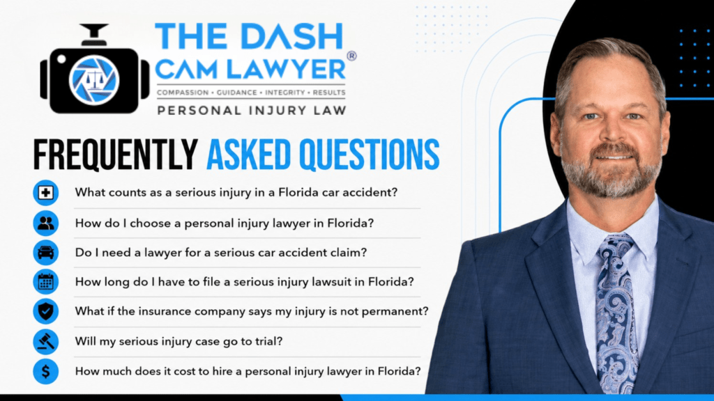 a professional color headshot of attorney Shannon Sagan on the right and a “Frequently Asked Questions” section on the left. The design uses a black, white, and sky-blue color theme and includes common Florida personal injury questions about serious car accidents, hiring a lawyer, lawsuit deadlines, insurance disputes, and legal costs
