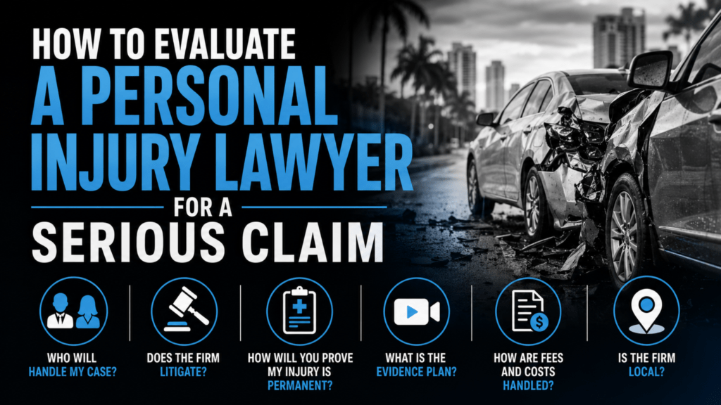 A damaged vehicle after a serious car accident. The design highlights key questions to ask when choosing a personal injury lawyer, including who will handle the case, litigation experience, proving permanent injuries, evidence strategy, fees and costs, and local legal experience. Legal-themed icons and bold typography emphasize the importance of evaluating an attorney before signing with a law firm