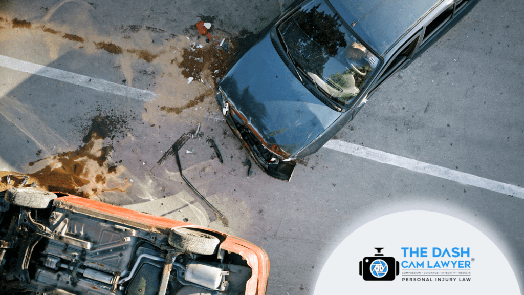 Overhead view of a serious two-car accident on a roadway showing a damaged black sedan, an overturned vehicle, debris scattered across the pavement, and visible crash impact marks