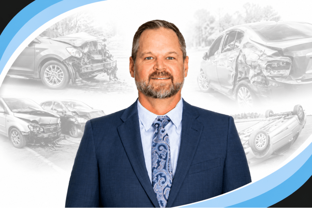 Professional portrait of Shannon centered on a white background with subtle grayscale images of various car accidents behind him