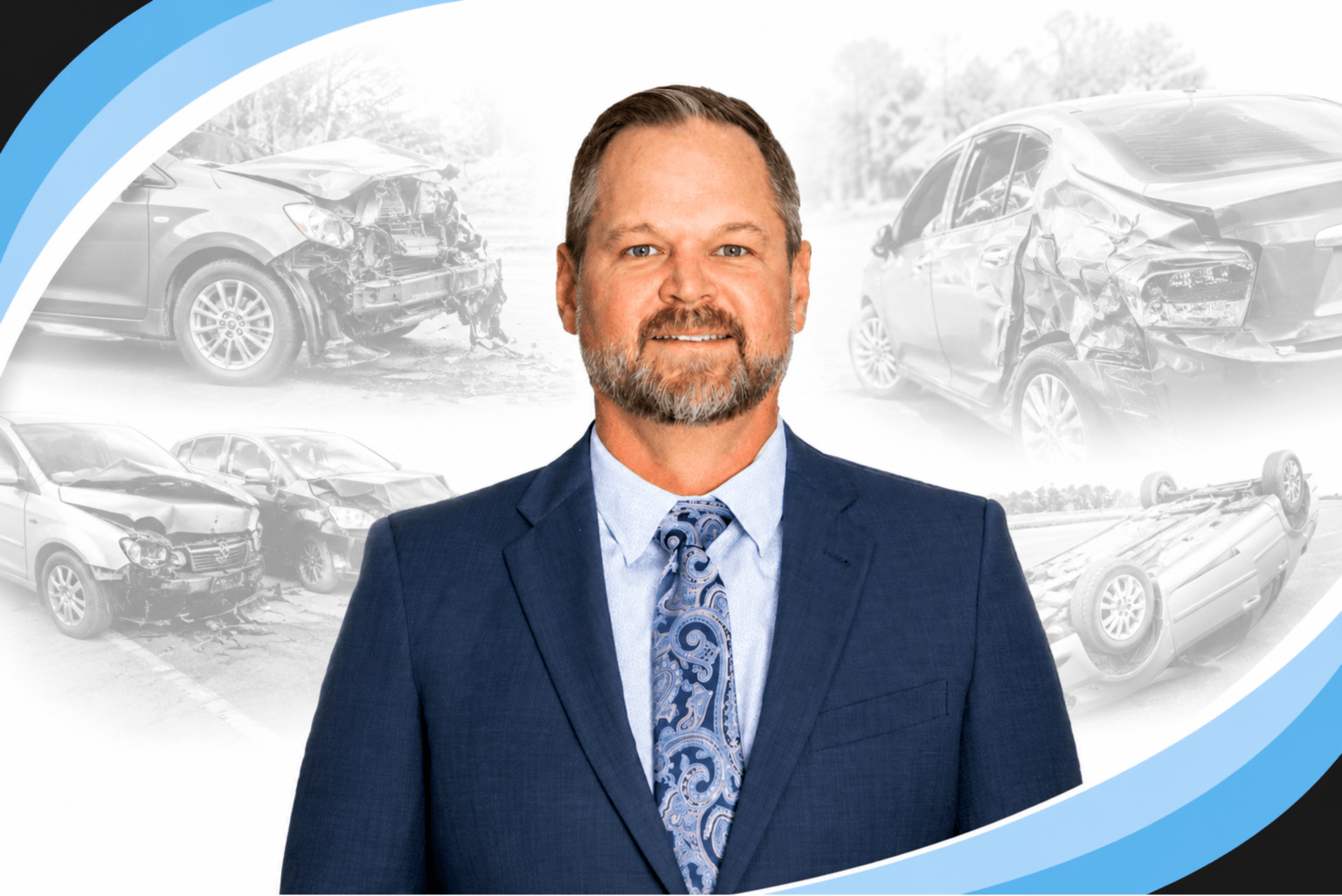Professional portrait of Shannon centered on a white background with subtle grayscale images of various car accidents behind him