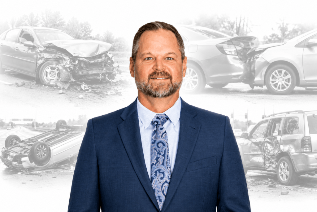 Professional portrait of Shannon centered on a clean white background with subtle grayscale images of different types of car accidents, including rear-end collisions, rollover crashes, and side-impact accidents, representing experience, legal advocacy, and protection for injured accident victims