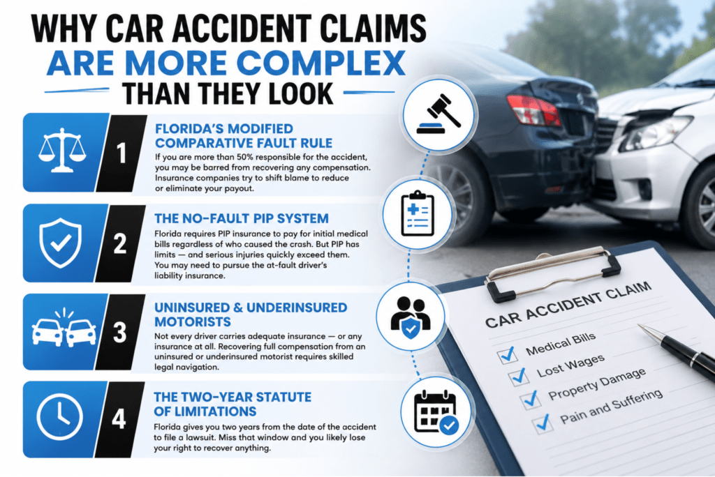 visual explaining why car accident claims are complex in Florida, featuring sections on modified comparative fault, no-fault PIP insurance, uninsured and underinsured motorists, and the two-year statute of limitations, alongside visuals of a car crash scene
