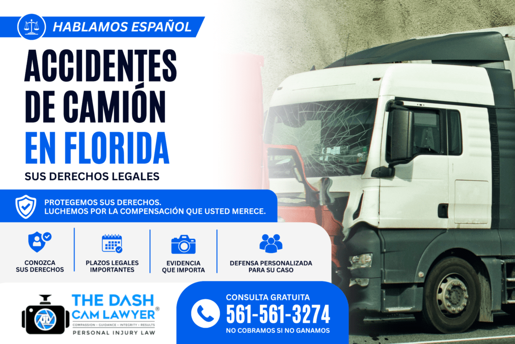 Florida truck accident lawyer featuring a semi-truck crash, legal rights after a truck accident, free Spanish consultation, and The Dash Cam Lawyer serving Palm Beach County