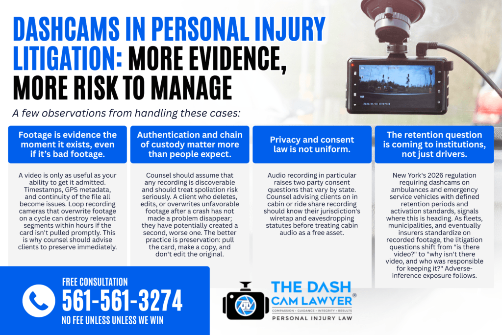 Dashcam footage used as evidence in personal injury litigation, highlighting accident documentation, evidence preservation, and legal case preparation