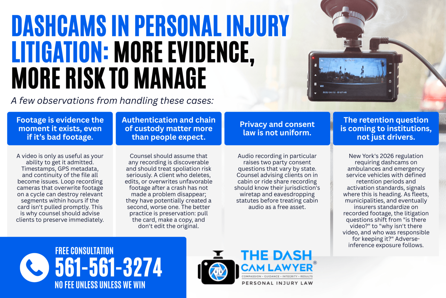 Dashcam footage used as evidence in personal injury litigation, highlighting accident documentation, evidence preservation, and legal case preparation