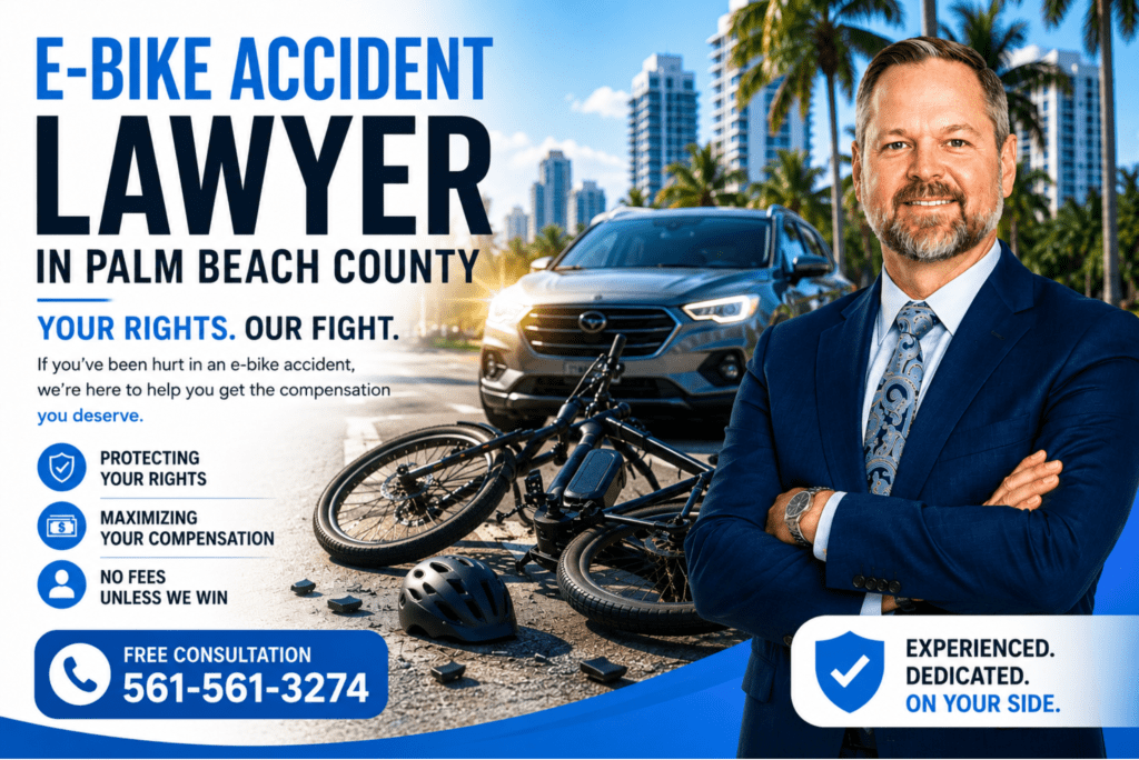 Shannon J. Sagan, The Dash Cam Lawyer®, standing beside an e-bike accident scene in Palm Beach County, Florida, representing injured electric bike accident victims.