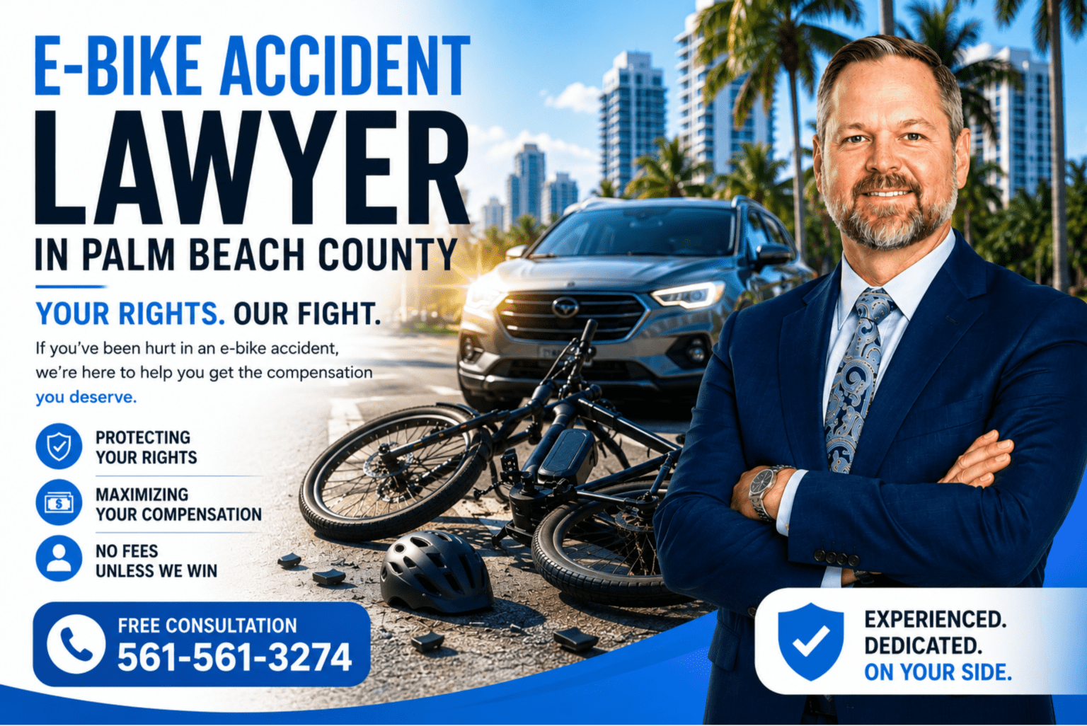 Shannon J. Sagan, The Dash Cam Lawyer®, standing beside an e-bike accident scene in Palm Beach County, Florida, representing injured electric bike accident victims.