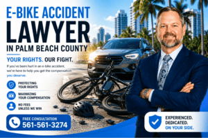 Shannon J. Sagan, The Dash Cam Lawyer®, standing beside an e-bike accident scene in Palm Beach County, Florida, representing injured electric bike accident victims.