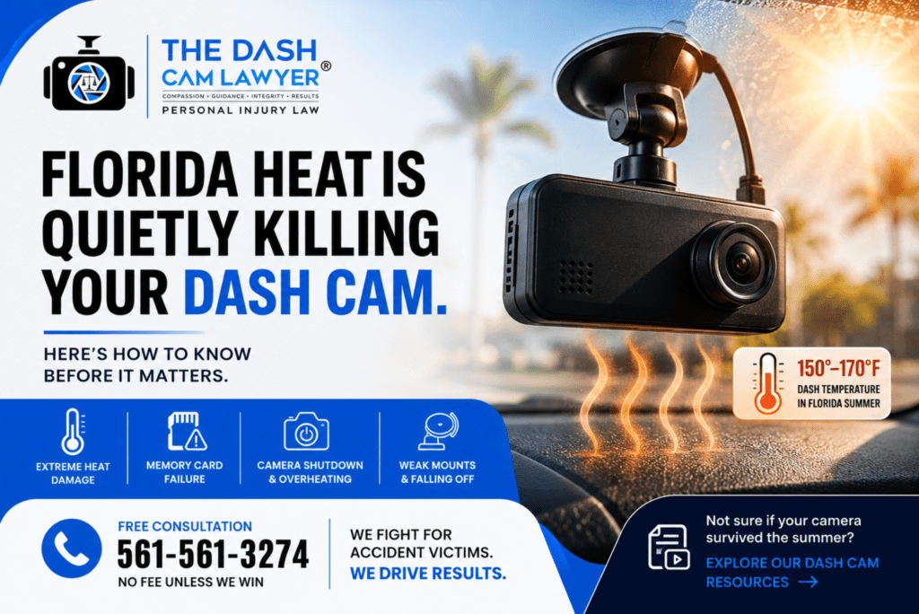 Florida heat damaging a dash cam on a car dashboard, highlighting overheating and potential recording failure