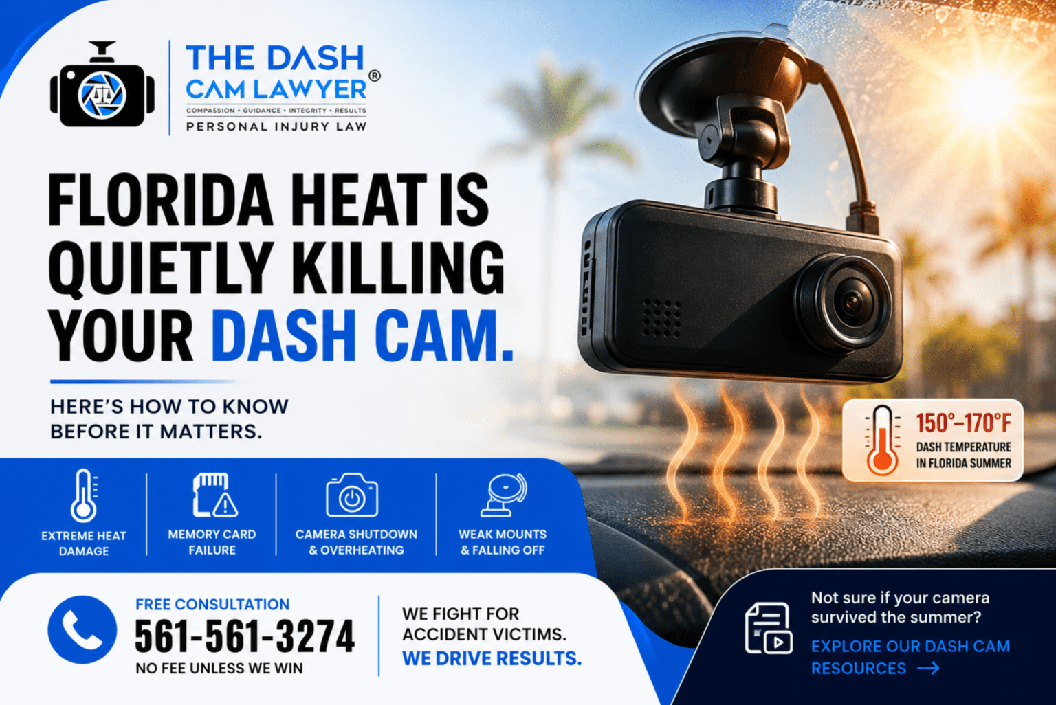 Florida heat damaging a dash cam on a car dashboard, highlighting overheating and potential recording failure
