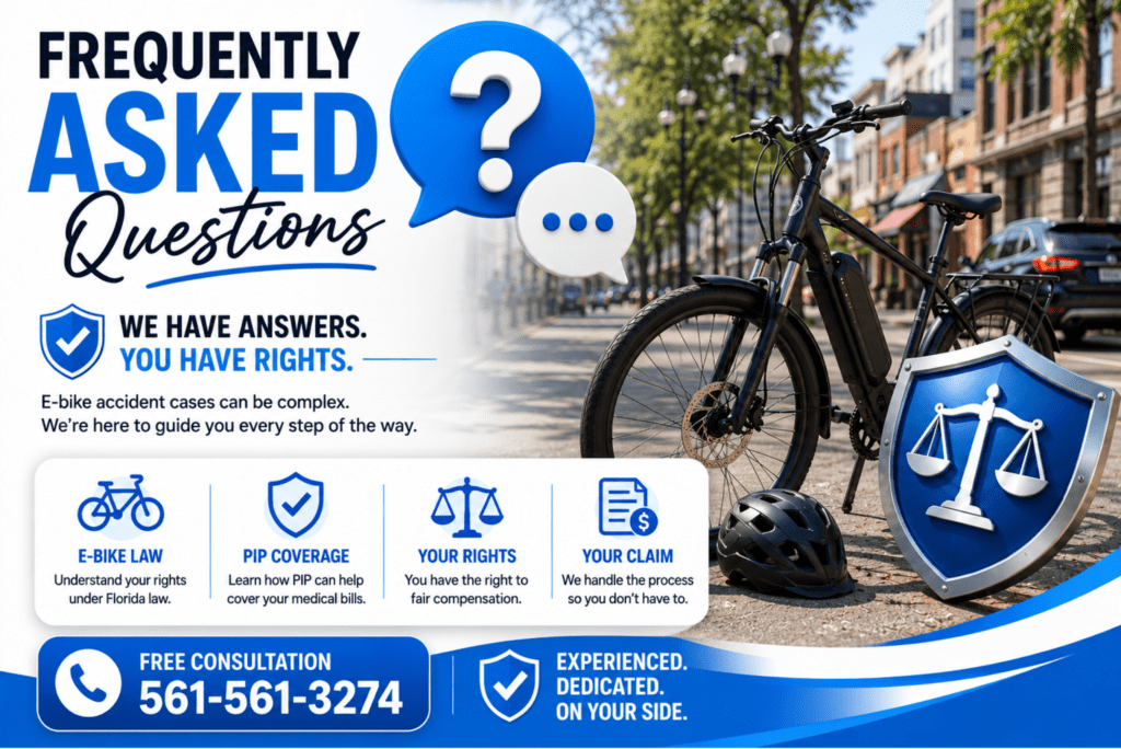 Frequently asked questions about Florida e-bike accident claims with icons representing e-bike laws, PIP coverage, legal rights, and injury claims.
