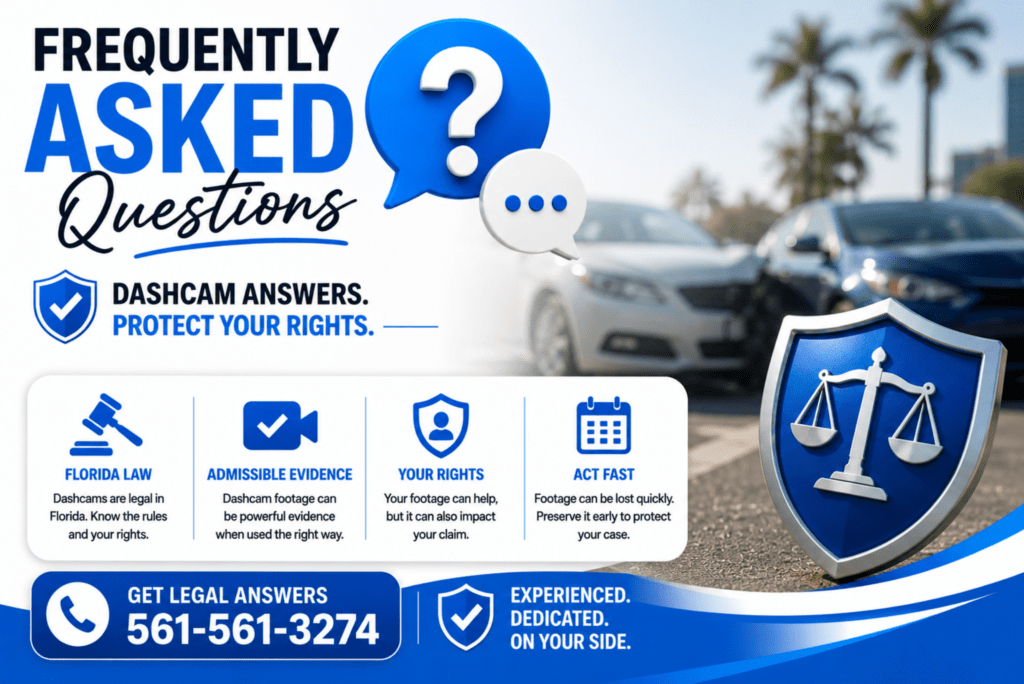 Frequently Asked Questions about Florida dashcam laws and car accident claims. The design features a bold "Frequently Asked Questions" headline with blue speech bubble icons, a blurred car accident scene in the background, and a blue shield with the scales of justice. A short message reads, "Dashcam Answers. Protect Your Rights." Four highlighted topics include Florida law, admissible evidence, your rights, and acting quickly to preserve evidence. A blue banner at the bottom displays a free legal consultation phone number (561-561-3274) alongside the message, "Experienced. Dedicated. On Your Side." The overall design uses a clean blue, white, and black color scheme with a professional legal marketing style