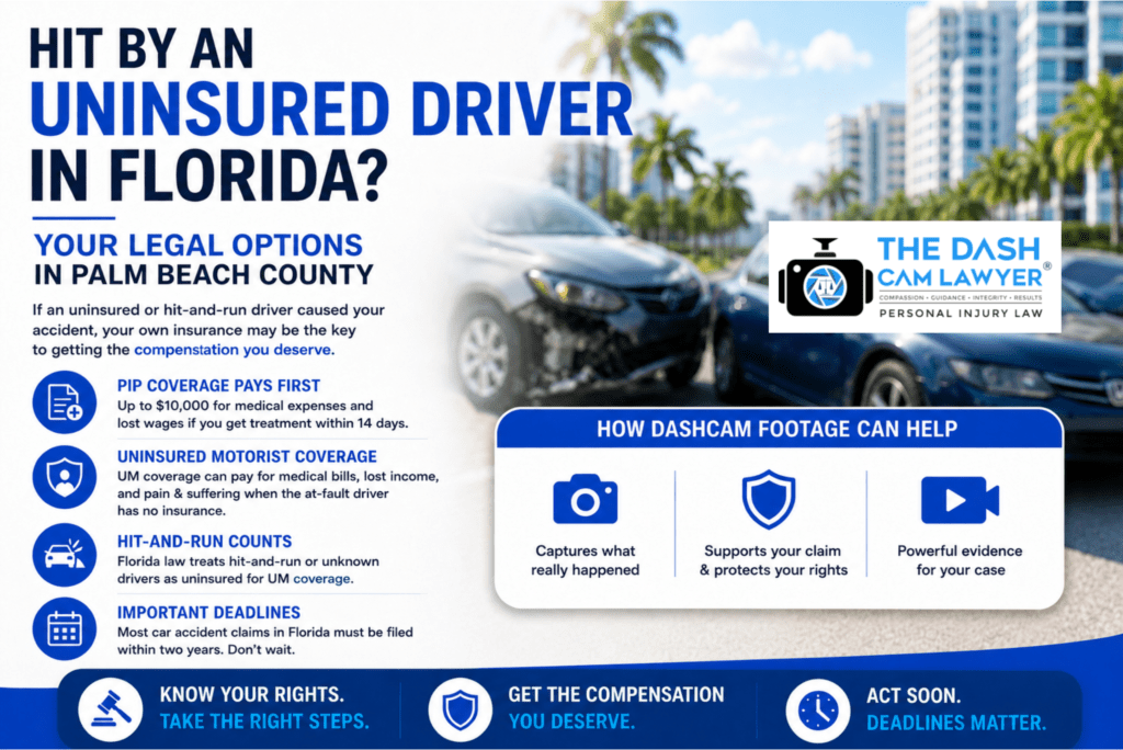 Infographic explaining legal options after an accident with an uninsured driver in Florida, including PIP, uninsured motorist coverage, hit-and-run claims, and deadlines