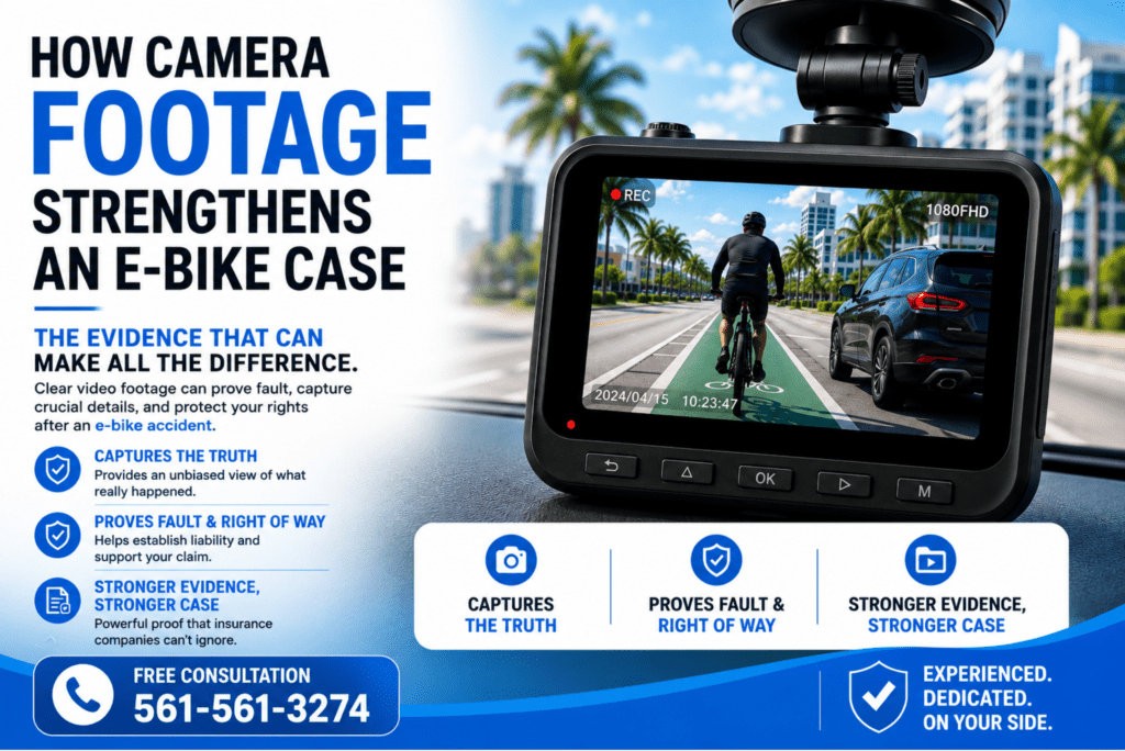 Dashcam recording an e-bike rider and nearby vehicle on a Florida roadway, demonstrating how camera footage can help prove fault in an e-bike accident claim.