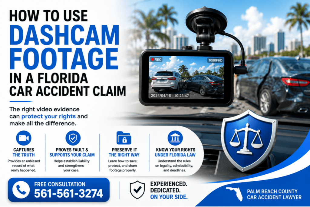 Illustration showing a dashcam recording a Florida car accident with information about using dashcam footage as evidence in a Florida car accident claim