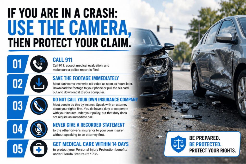 Infographic showing the steps to take after a Florida car accident, including calling 911, preserving dashcam footage, protecting your insurance claim, and seeking medical care