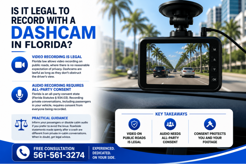 Professional infographic about Florida dashcam recording laws. The left side features the headline "Is It Legal to Record with a Dashcam in Florida?" followed by three sections explaining that video recording on public roads is legal, audio recording requires all-party consent under Florida law, and practical guidance for dashcam users. The right side shows a dashboard-mounted dashcam displaying the same palm tree-lined Florida street visible through the windshield, reinforcing the recording perspective. At the bottom, a "Key Takeaways" section highlights that video on public roads is legal, audio requires all-party consent, and obtaining consent helps protect both you and your footage. A blue banner includes a free consultation phone number (561-561-3274) and the message, "Experienced. Dedicated. On Your Side." The design uses a clean blue, white, and black color scheme with a modern legal marketing style