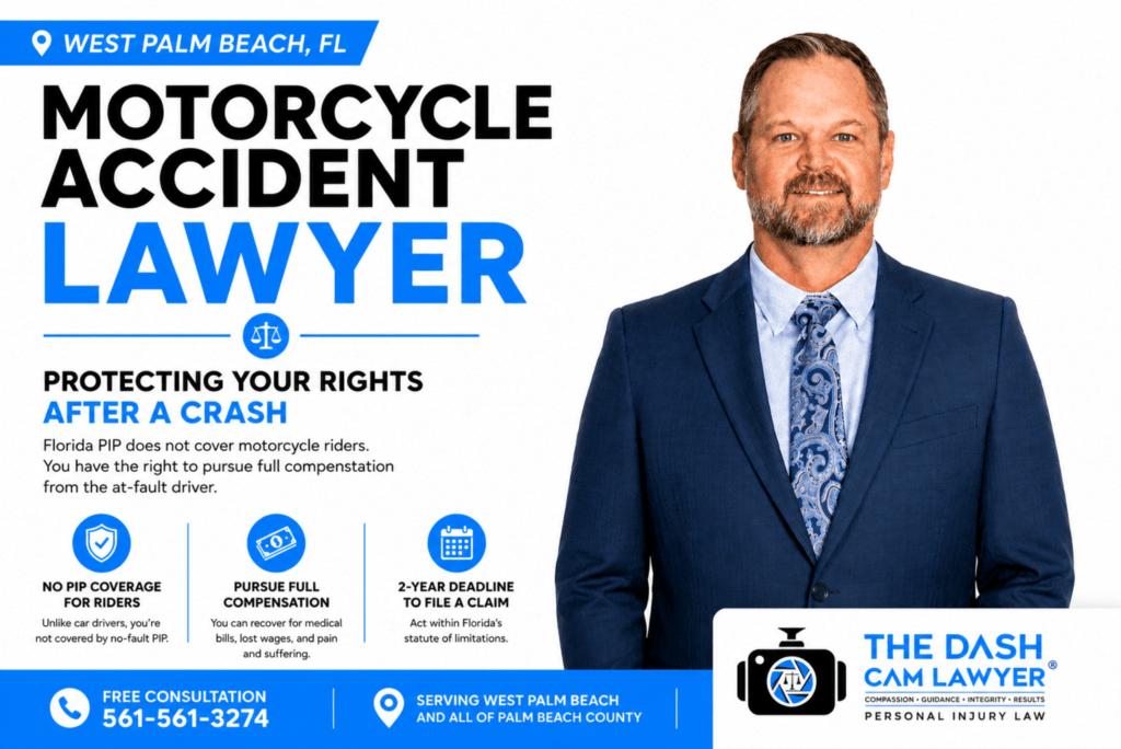 Motorcycle accident lawyer in West Palm Beach helping injured riders after a crash with The Dash Cam Lawyer personal injury law firm