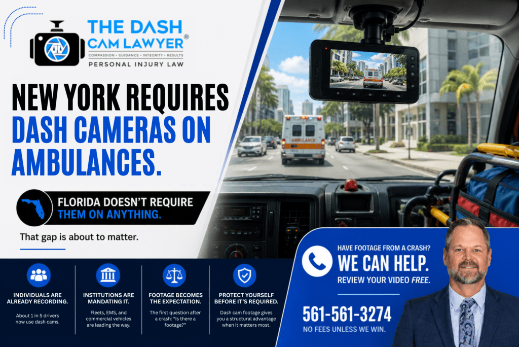 New York ambulance dash camera requirement compared to Florida dash camera law, featuring a dashboard camera inside an ambulance recording traffic to highlight the growing importance of dash cam evidence in crash claims