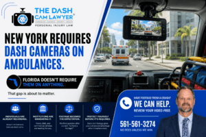 New York ambulance dash camera requirement compared to Florida dash camera law, featuring a dashboard camera inside an ambulance recording traffic to highlight the growing importance of dash cam evidence in crash claims