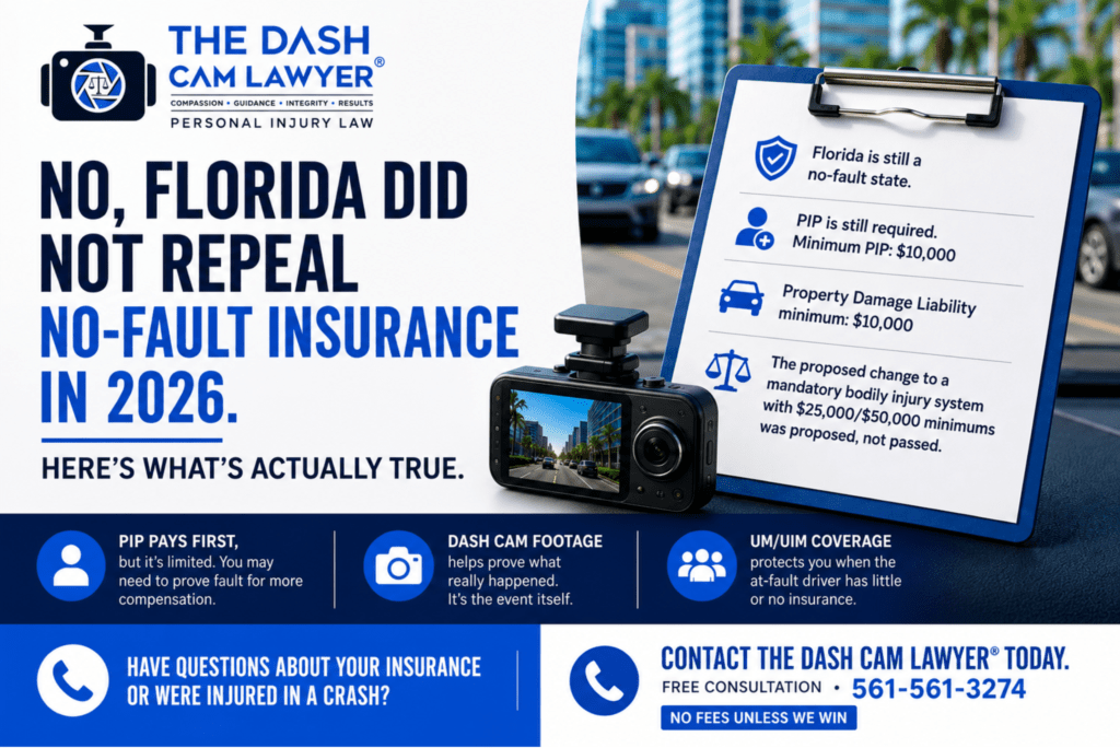 Florida no-fault insurance 2026, PIP coverage, UM/UIM coverage, and dash cam evidence after a car accident