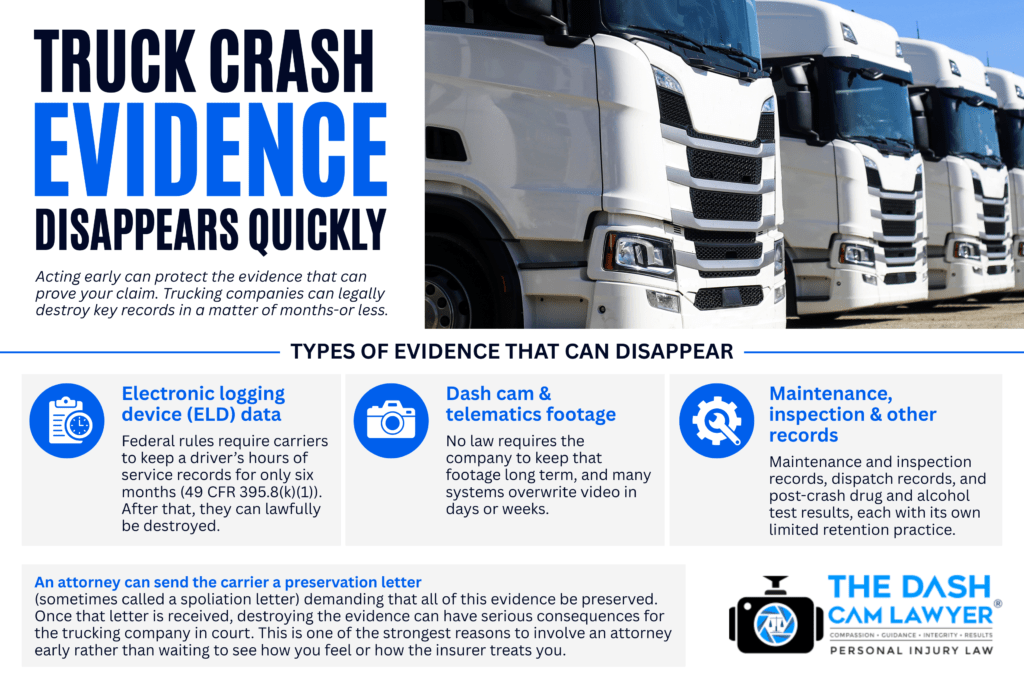 Truck crash evidence infographic for West Palm Beach truck accident claims showing ELD data retention, dash cam footage, maintenance records, preservation letters, and evidence needed after a semi truck accident