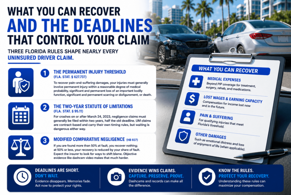 infographic that explains Florida uninsured driver claim deadlines and compensation rules