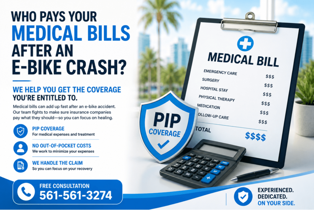 Medical bill, PIP insurance coverage shield, calculator, and legal guidance illustrating who pays medical expenses after an e-bike accident in Florida.