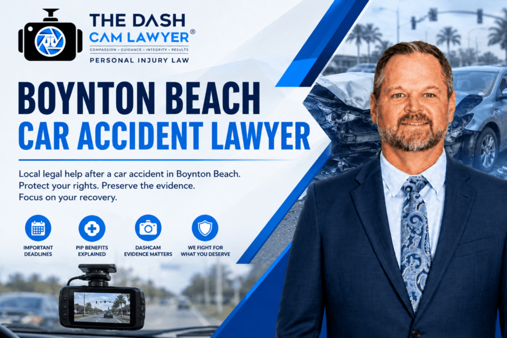 Boynton Beach car accident lawyer Shannon J. Sagan with The Dash Cam Lawyer® branding, damaged vehicles, and dashcam footage representing Florida car accident legal help