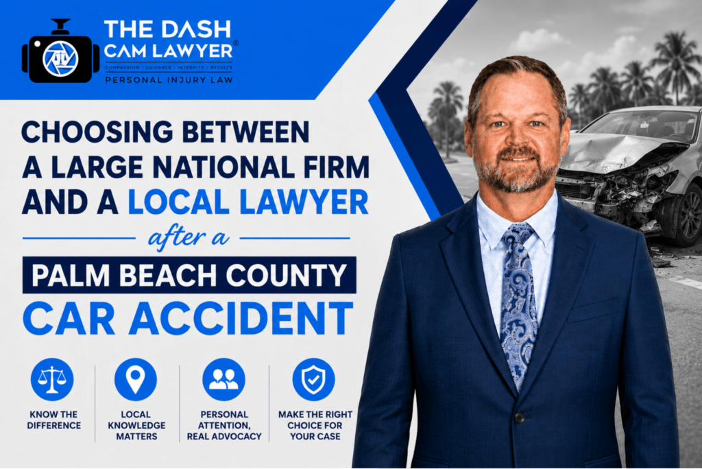 Palm Beach County car accident attorney and headline about choosing between a large national firm and a local lawyer, with a car crash background and legal service icons