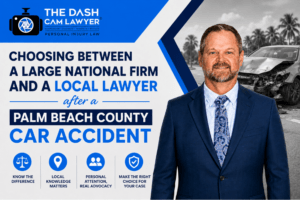 Palm Beach County car accident attorney and headline about choosing between a large national firm and a local lawyer, with a car crash background and legal service icons