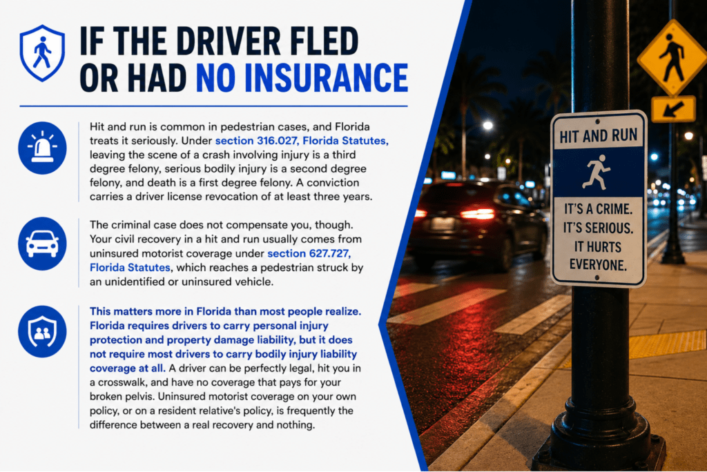 Hit and run pedestrian accident explaining uninsured motorist coverage in Florida and legal options after a driver flees or has no insurance.
