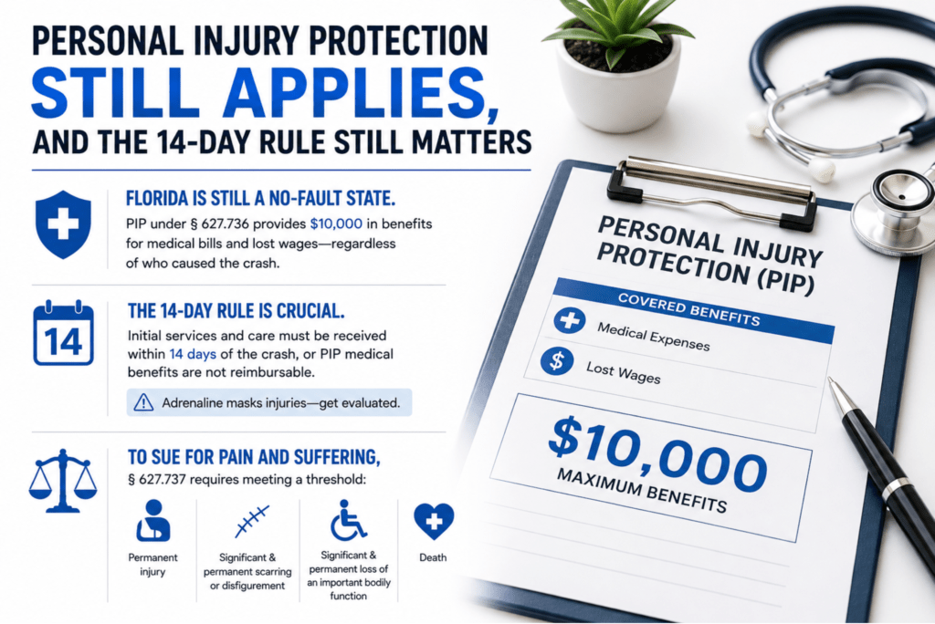Florida Personal Injury Protection (PIP), including $10,000 in benefits for medical expenses and lost wages, the 14-day treatment rule, and the injury thresholds for pursuing pain and suffering damages.