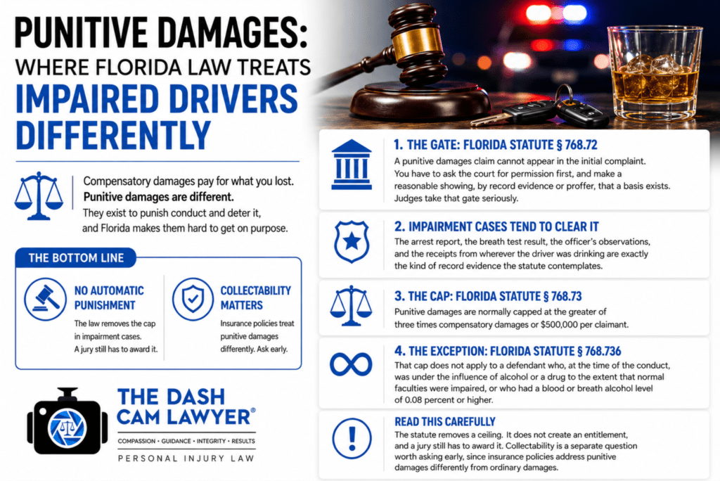 How Florida law treats punitive damages differently in impaired-driving cases, highlighting Florida Statutes §§ 768.72, 768.73, and 768.736, with a gavel, car keys, and whiskey glass alongside key points about punitive damages, the damages cap exception, and collectability.