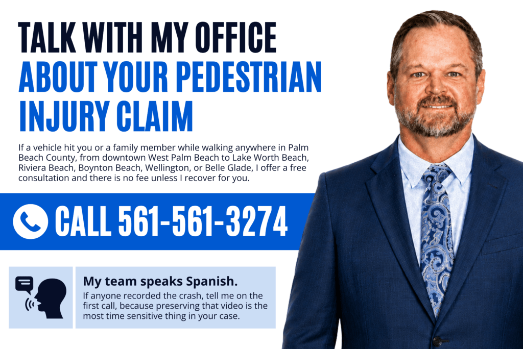 The Dash Cam Lawyer Shannon J. Sagan, Esq. graphic promoting a free consultation for pedestrian injury claims in Palm Beach County, with a West Palm Beach background and phone number 561-561-3274.