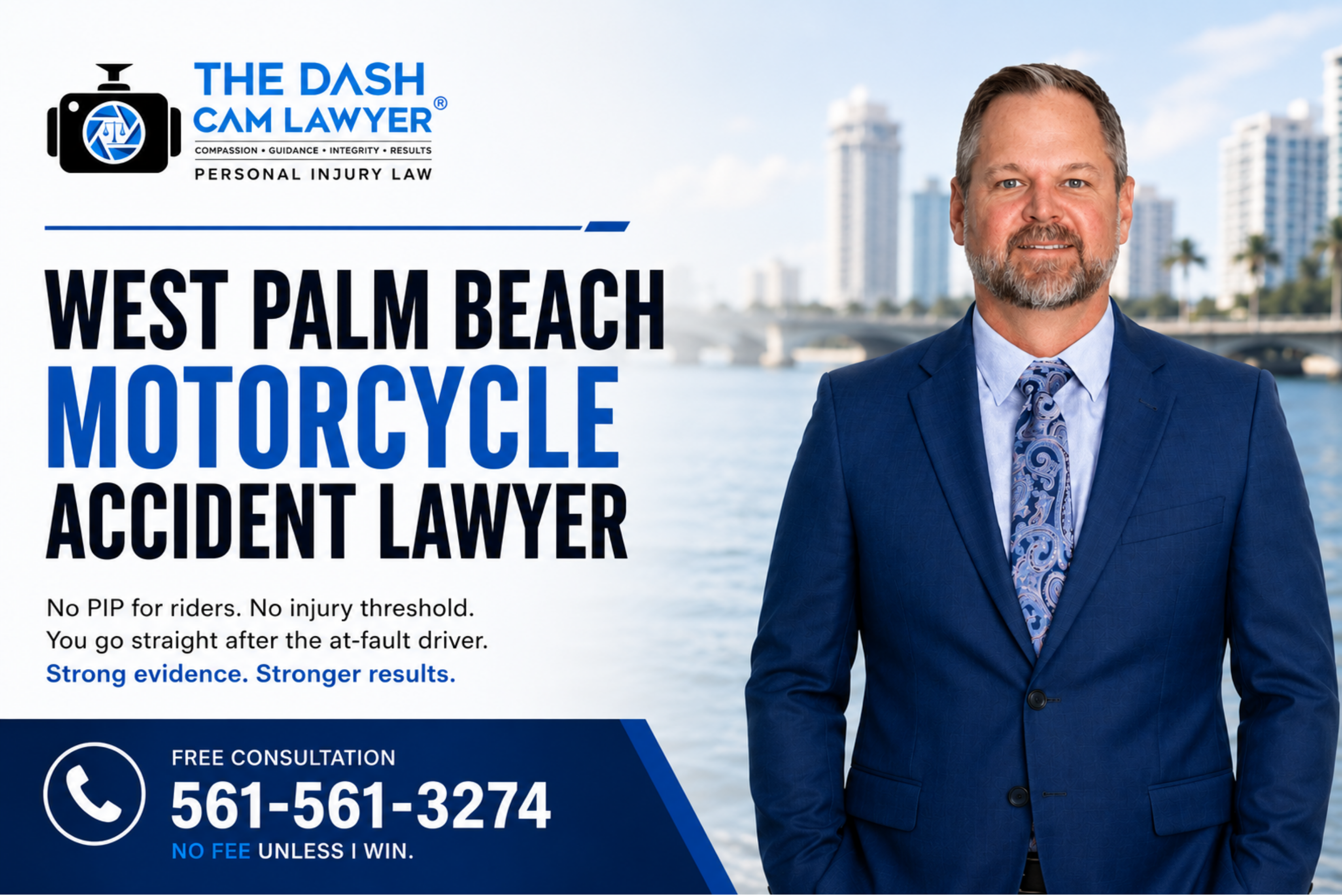The Dash Cam Lawyer® West Palm Beach motorcycle accident lawyer graphic featuring attorney Shannon Sagan in a blue suit, with a clean white and blue design, free consultation message, and phone number 561-561-3274.
